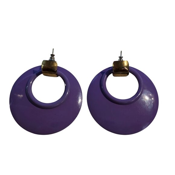 Vintage Purple Enamel Oversized Hoop Statement Earrings With Gold Tone Accent - Picture 1 of 5